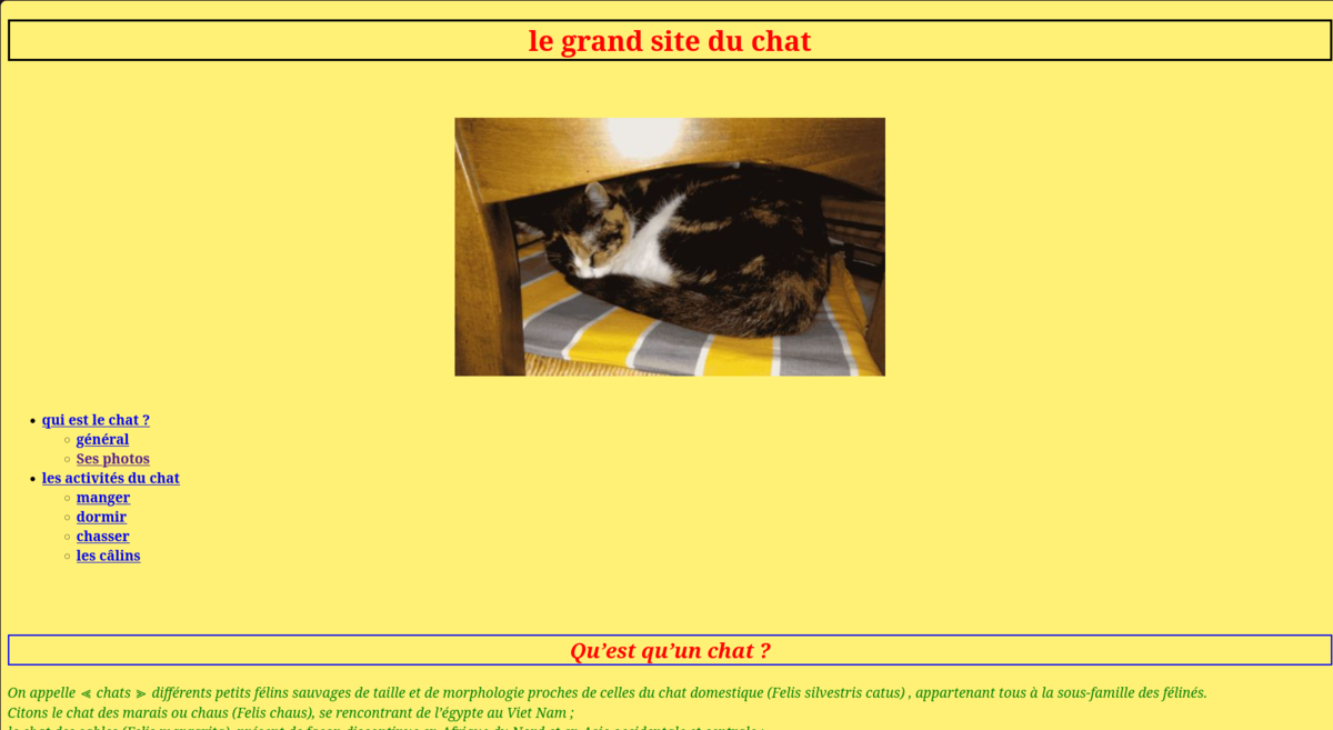 Capture d'écran du site Le grand site du chat, fond jaune, HTML/CSS basique